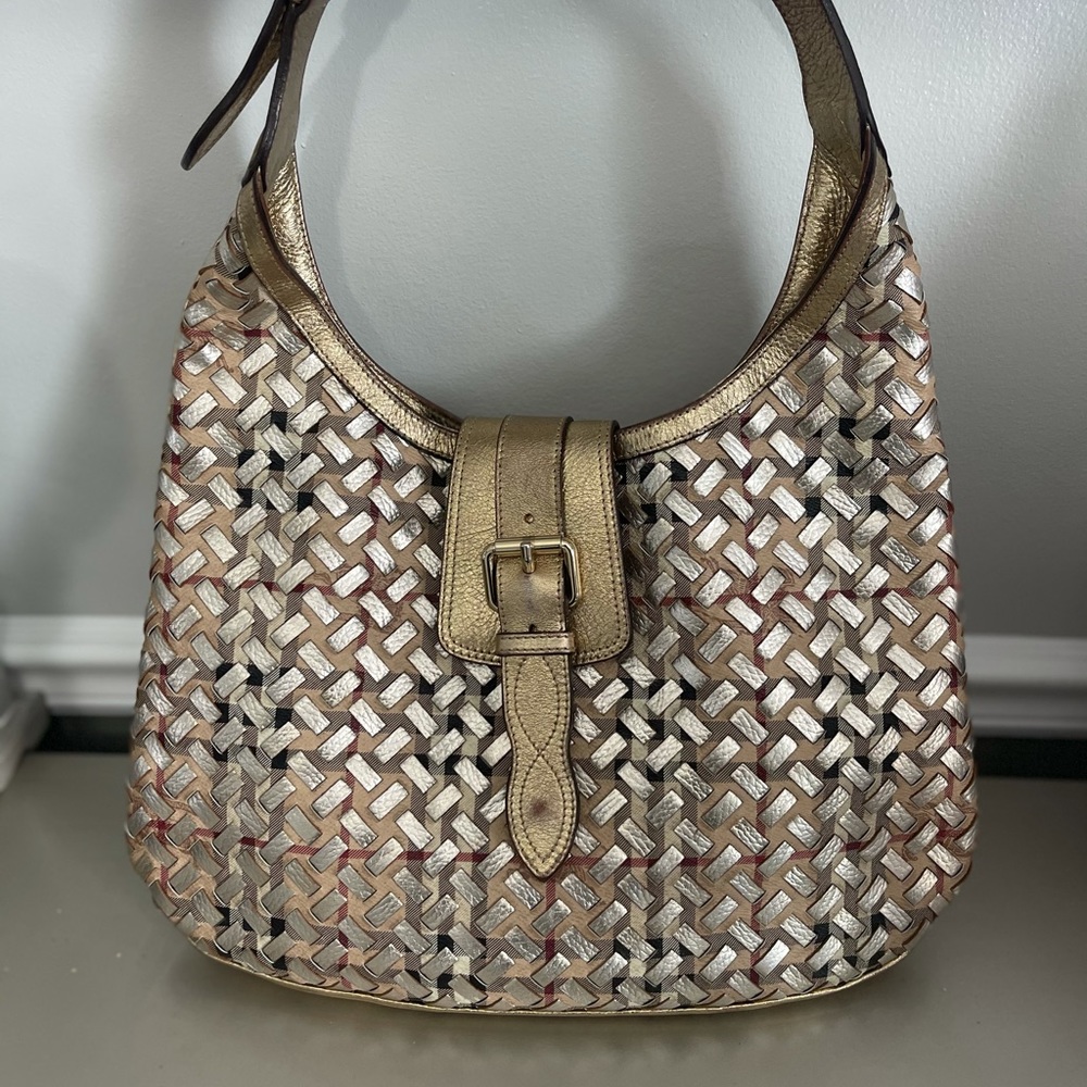 Burberry Gold/Beige Woven Haymarket Check PVC and Leather Brooke Hobo. Authe - Picture 3 of 7